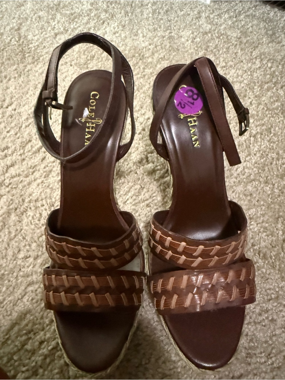 Cole Haan Brown Woven Leather Ankle-Strap Heels